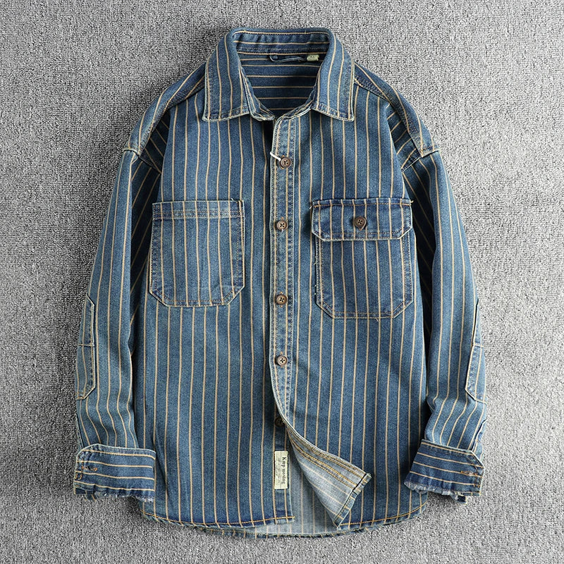 Spring New American Retro Heavyweight Denim Cargo Striped Shirt Men's Fashion 100% Cotton Washed Old Casual Blouses Thin Jacket