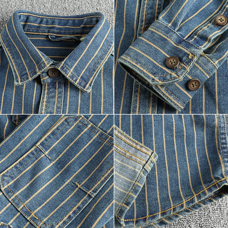 Spring New American Retro Heavyweight Denim Cargo Striped Shirt Men's ...