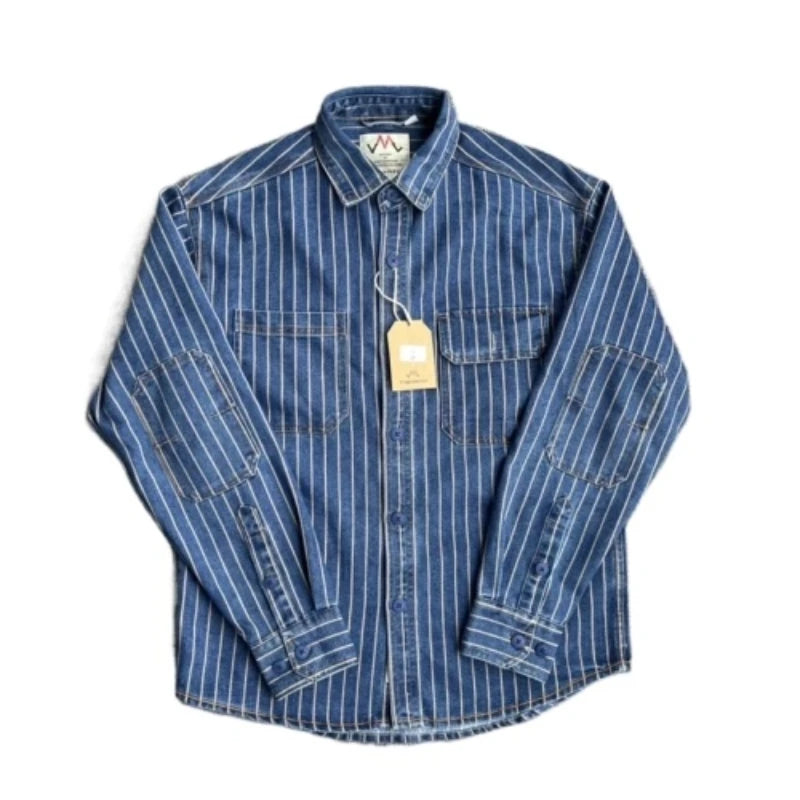 Spring New American Retro Heavyweight Denim Cargo Striped Shirt Men's Fashion 100% Cotton Washed Old Casual Blouses Thin Jacket