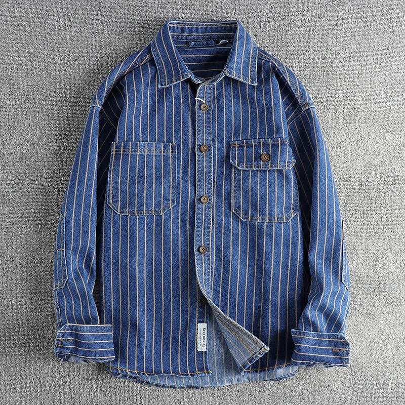 Spring New American Retro Heavyweight Denim Cargo Striped Shirt Men's ...