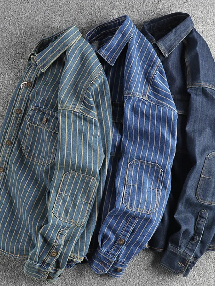 Spring New American Retro Heavyweight Denim Cargo Striped Shirt Men's Fashion 100% Cotton Washed Old Casual Blouses Thin Jacket